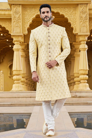 Art Silk Thread Embroidery Work Yellow Colour Sherwani