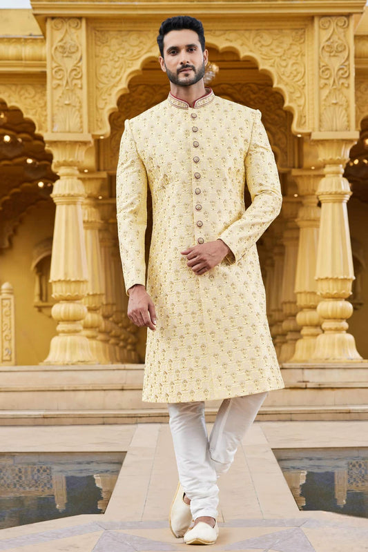 Art Silk Thread Embroidery Work Yellow Colour Sherwani