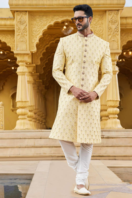 Art Silk Thread Embroidery Work Yellow Colour Sherwani