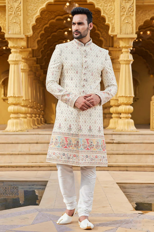 Art Silk Thread Embroidery Work Cream Colour Sherwani