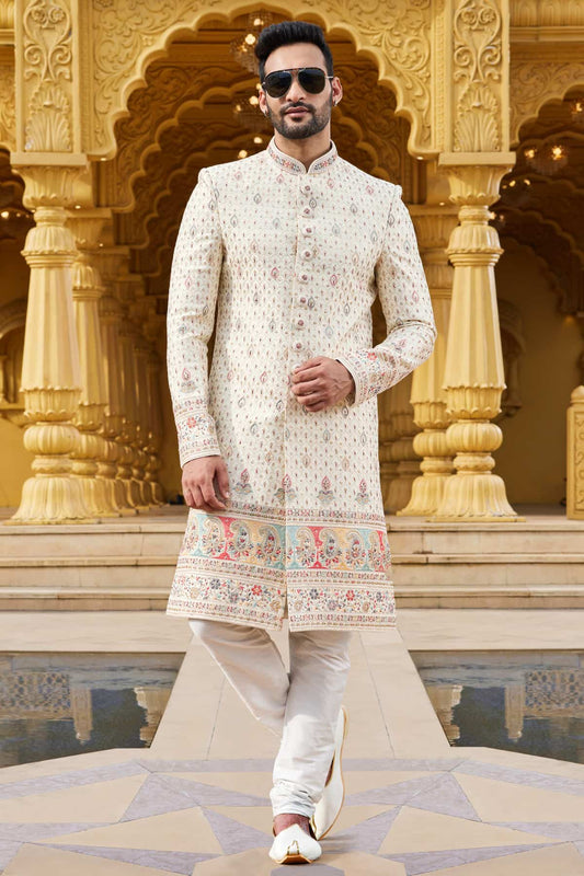 Art Silk Thread Embroidery Work Cream Colour Sherwani