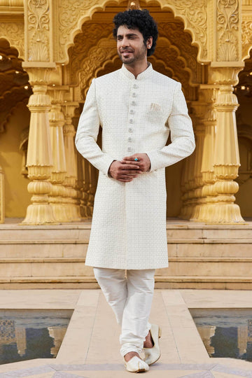 Art Silk Thread Embroidery Work Cream Colour Sherwani