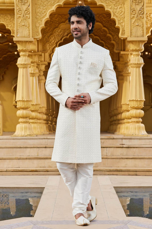 Art Silk Thread Embroidery Work Cream Colour Sherwani