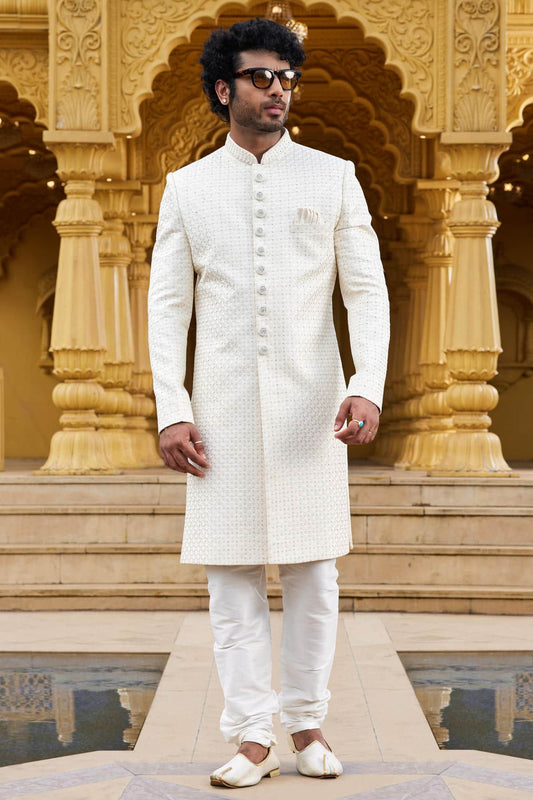 Art Silk Thread Embroidery Work Cream Colour Sherwani