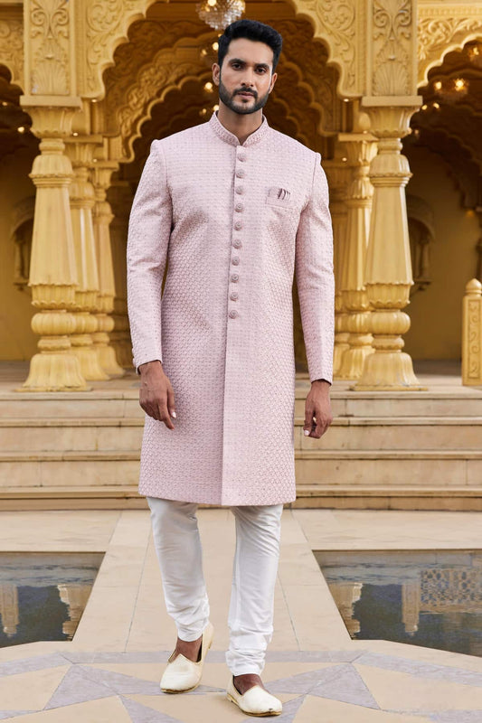 Art Silk Thread Embroidery Work Onion Colour Sherwani