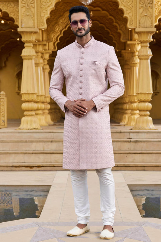 Art Silk Thread Embroidery Work Onion Colour Sherwani
