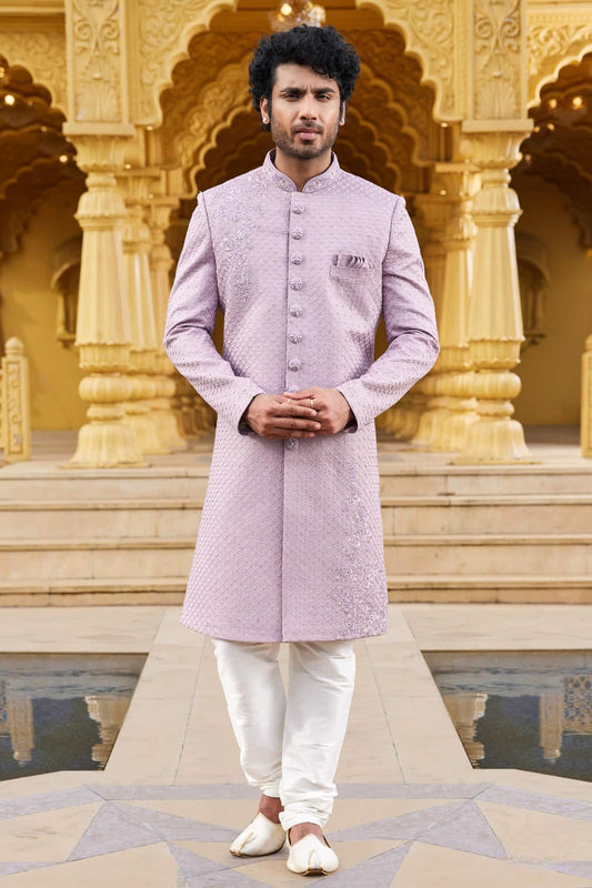 Art Silk Thread Embroidery Work Dark Onion Colour Sherwani