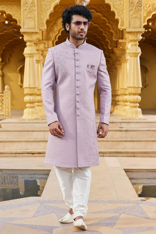 Art Silk Thread Embroidery Work Dark Onion Colour Sherwani