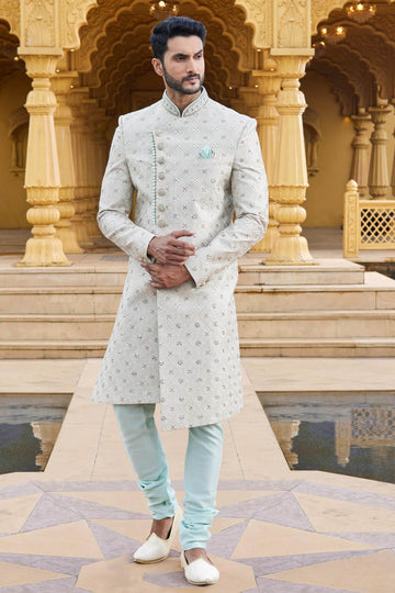 Art Silk Thread Embroidery Work Cream Colour Sherwani