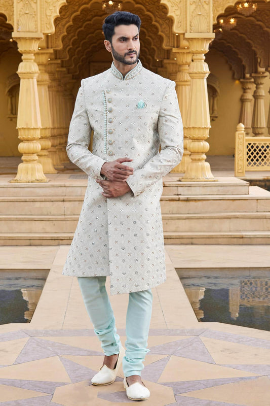 Art Silk Thread Embroidery Work Cream Colour Sherwani