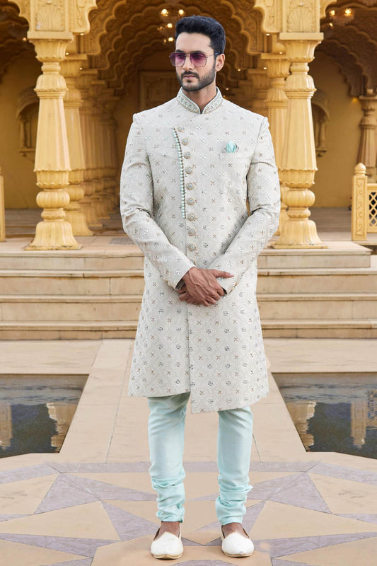 Art Silk Thread Embroidery Work Cream Colour Sherwani