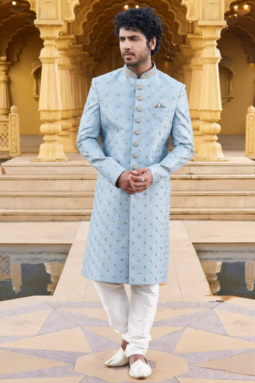 Art Silk Thread Embroidery Work Sky Blue Colour Sherwani
