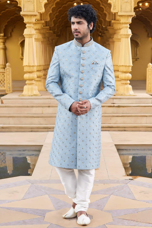 Art Silk Thread Embroidery Work Sky Blue Colour Sherwani