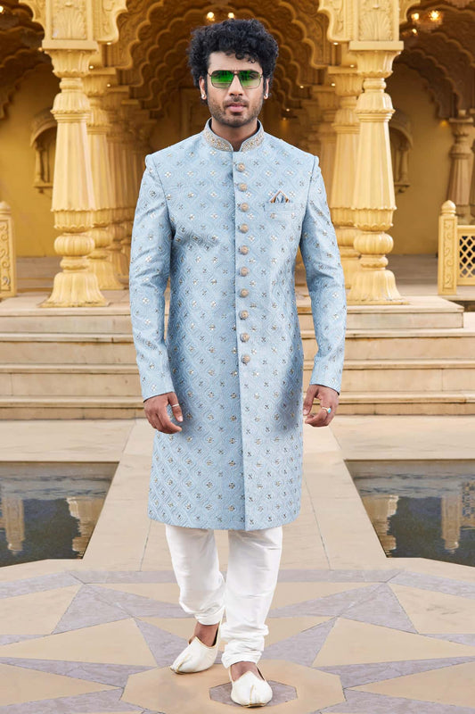 Art Silk Thread Embroidery Work Sky Blue Colour Sherwani