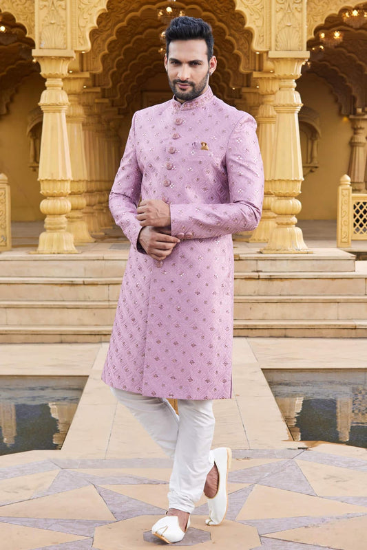 Art Silk Thread Embroidery Work Onion Pink Colour Sherwani