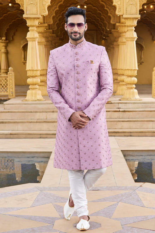 Art Silk Thread Embroidery Work Onion Pink Colour Sherwani