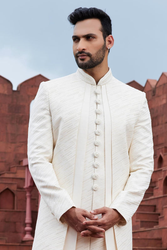 Art Silk Thread Embroidery Work Cream Colour 4 Pcs Jacket Set