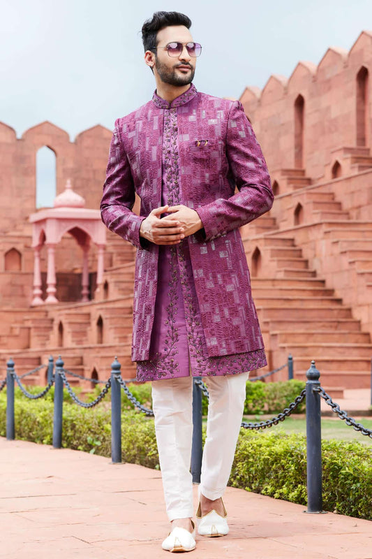 Art Silk Thread Embroidery Work Purple Colour 2 Pcs Jacket Set