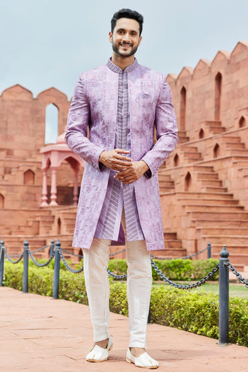Art Silk Thread Embroidery Work Lavender Colour 3 Pcs Jacket Set