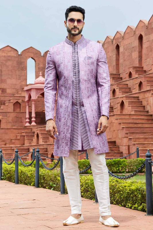 Art Silk Thread Embroidery Work Lavender Colour 3 Pcs Jacket Set
