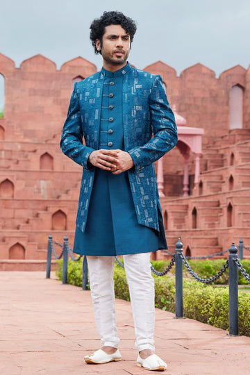 Art Silk Thread Embroidery Work Blue Colour 3 Pcs Jacket Set
