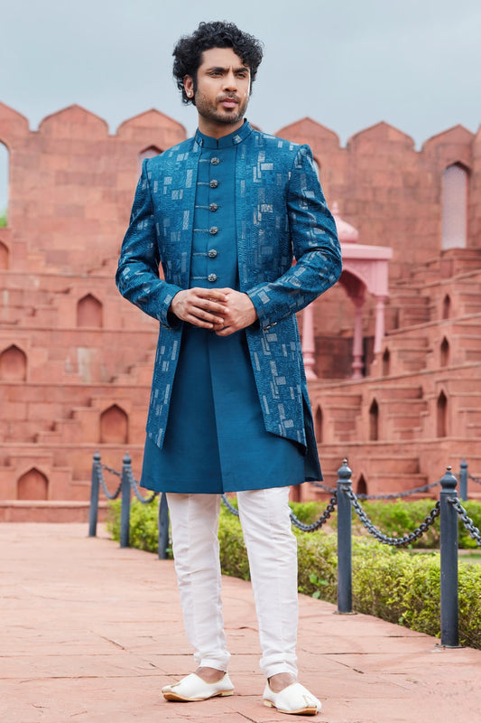 Art Silk Thread Embroidery Work Blue Colour 3 Pcs Jacket Set