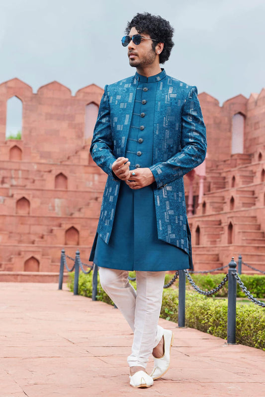 Art Silk Thread Embroidery Work Blue Colour 3 Pcs Jacket Set