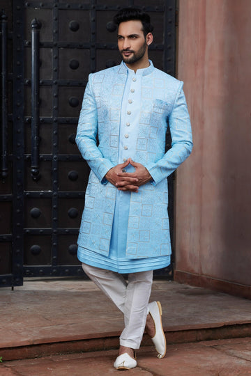 Art Silk Thread Embroidery Work Shaded Sky Blue Colour 3 Pcs Jacket Set