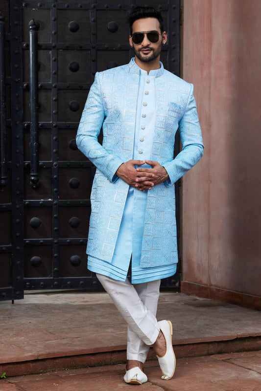Art Silk Thread Embroidery Work Shaded Sky Blue Colour 3 Pcs Jacket Set