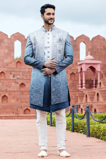 Art Silk Thread Embroidery Work Shaded Blue Colour 3 Pcs Jacket Set
