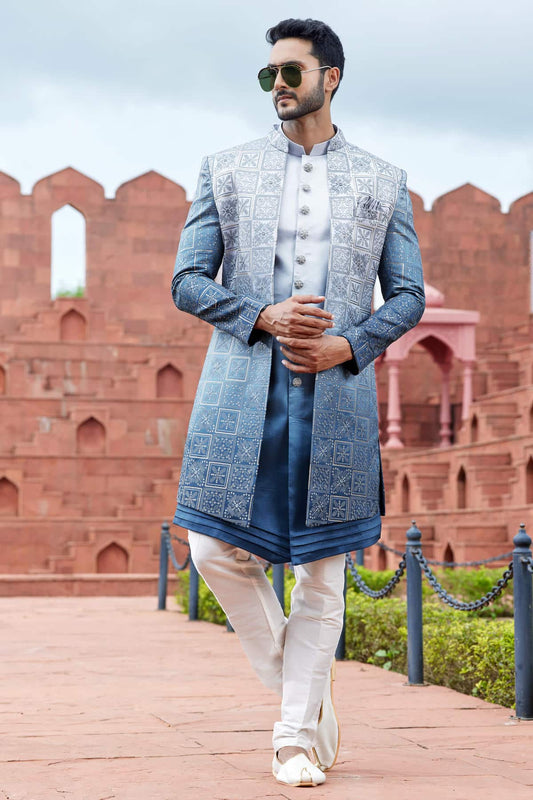 Art Silk Thread Embroidery Work Shaded Blue Colour 3 Pcs Jacket Set