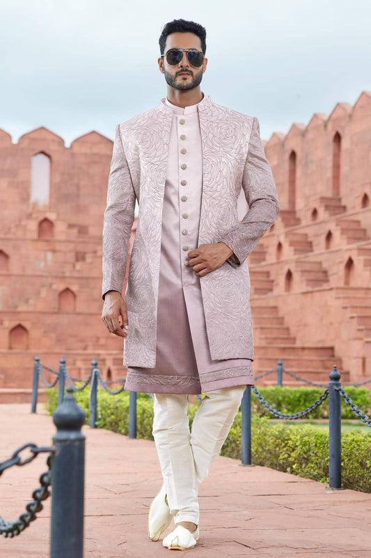 Art Silk Thread Embroidery Work Shaded Onion Colour 3 Pcs Jacket Set