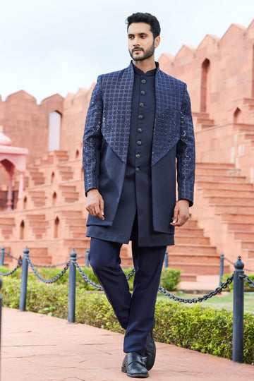 Art Silk Thread Embroidery Work Navy Blue Colour 3 Pcs Jacket Set