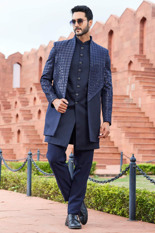 Art Silk Thread Embroidery Work Navy Blue Colour 3 Pcs Jacket Set