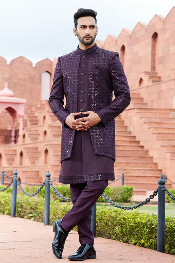 Art Silk Thread Embroidery Work Dark Wine Colour 3 Pcs Jacket Set