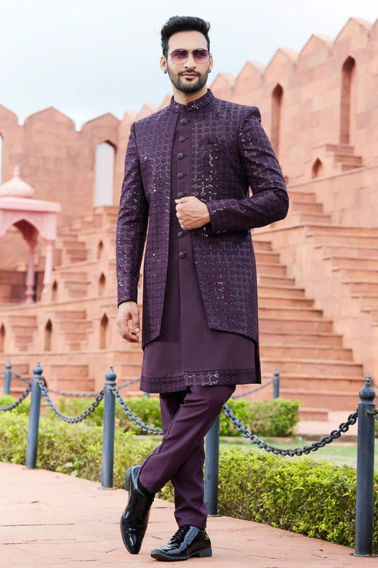Art Silk Thread Embroidery Work Dark Wine Colour 3 Pcs Jacket Set