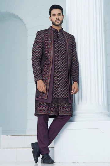 Velvet Thread Embroidery Work Dark Wine Colour 3 Pcs Jacket Set
