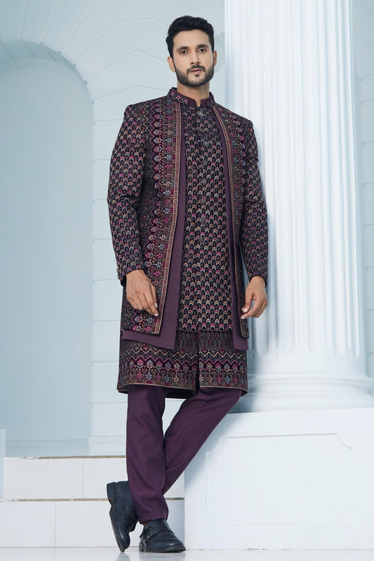 Velvet Thread Embroidery Work Dark Wine Colour 3 Pcs Jacket Set