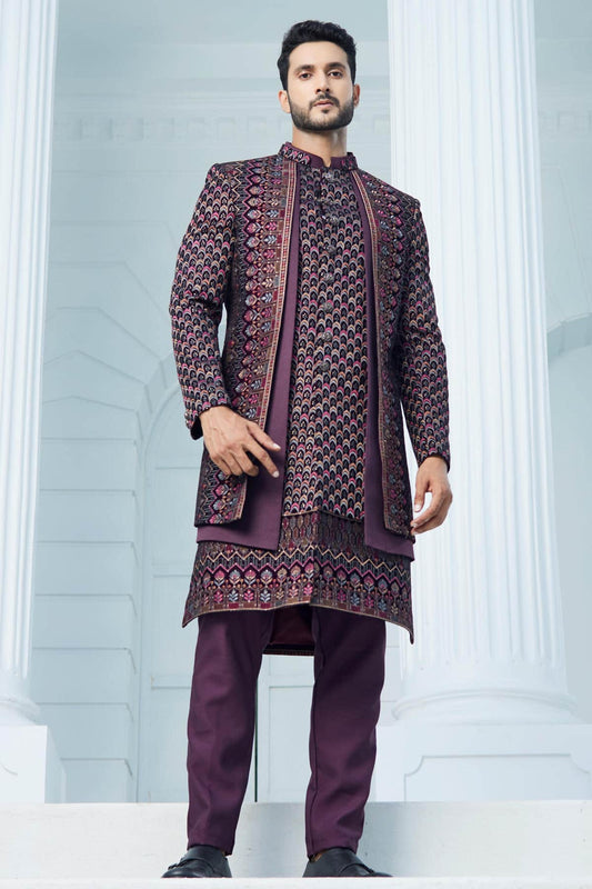 Velvet Thread Embroidery Work Dark Wine Colour 3 Pcs Jacket Set