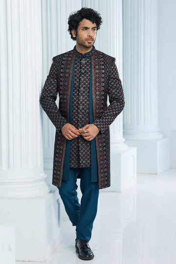 Velvet Thread Embroidery Work Dark Teal Green Colour 3 Pcs Jacket Set
