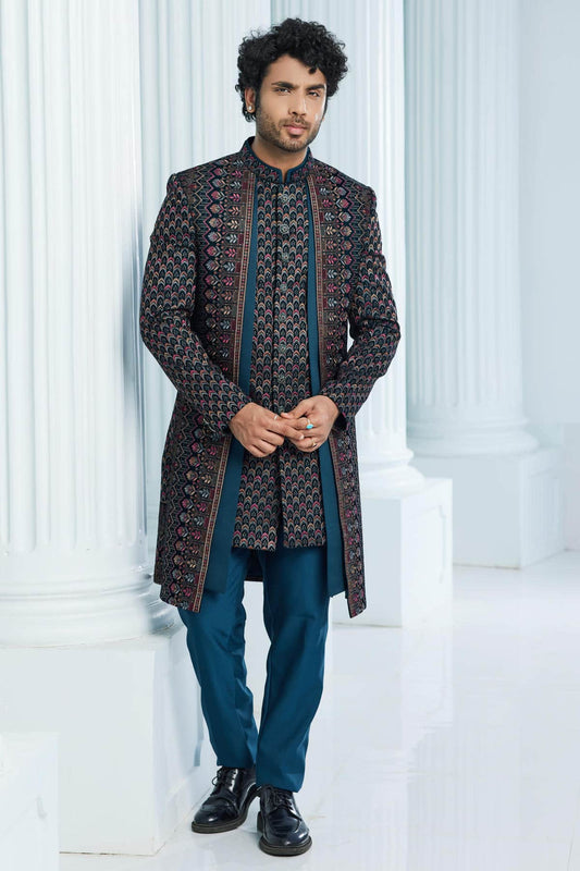 Velvet Thread Embroidery Work Dark Teal Green Colour 3 Pcs Jacket Set