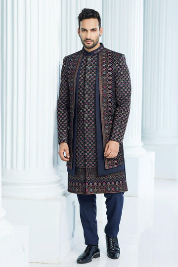 Velvet Thread Embroidery Work Navy Blue Colour 3 Pcs Jacket Set