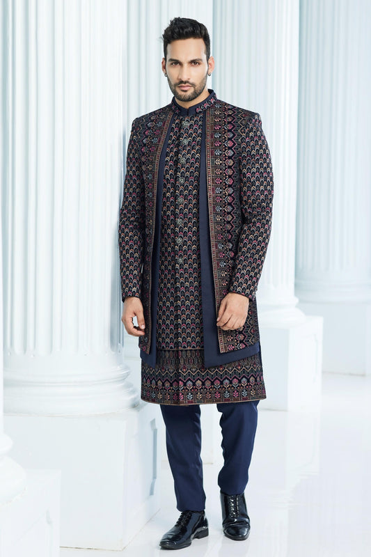 Velvet Thread Embroidery Work Navy Blue Colour 3 Pcs Jacket Set