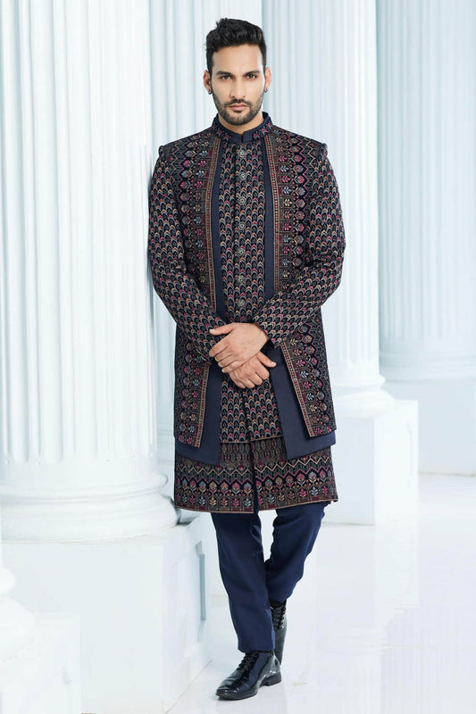 Velvet Thread Embroidery Work Navy Blue Colour 3 Pcs Jacket Set