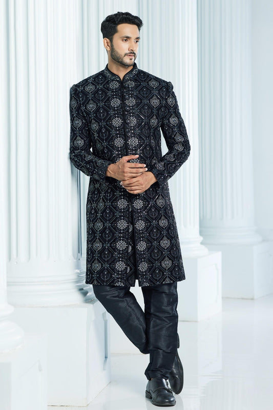 Velvet Thread Embroidery Work Black Colour Indo Western