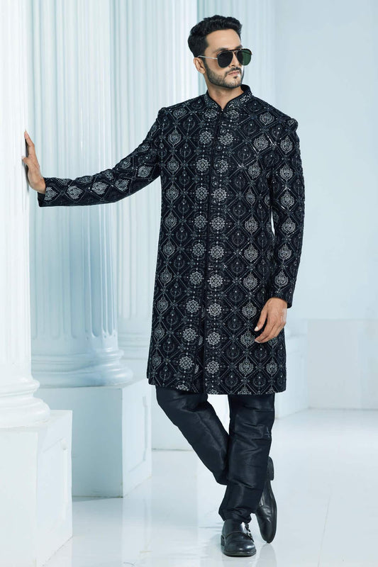 Velvet Thread Embroidery Work Black Colour Indo Western