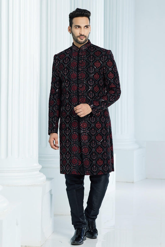 Velvet Thread Embroidery Work Black Colour Indo Western