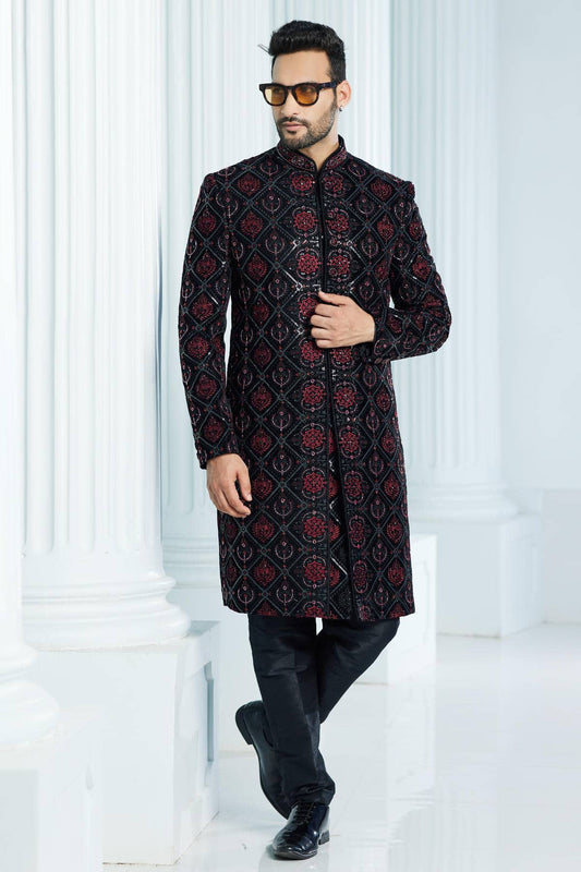 Velvet Thread Embroidery Work Black Colour Indo Western