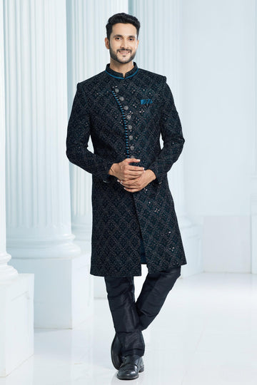 Velvet Thread Embroidery Work Teal Green Colour Indo Western