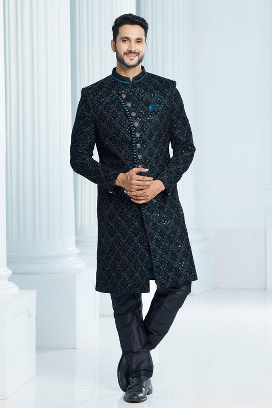 Velvet Thread Embroidery Work Teal Green Colour Indo Western